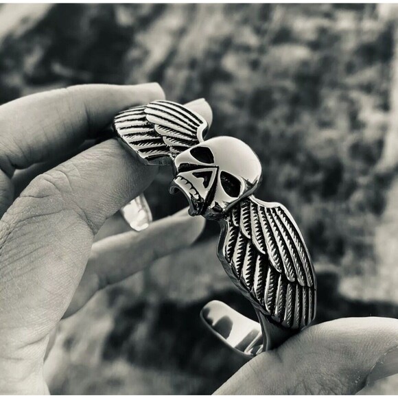 8 Inch Mens Stainless Steel Motorcycle Biker Skull Cuff Bangle Bracelet - Picture 5 of 5